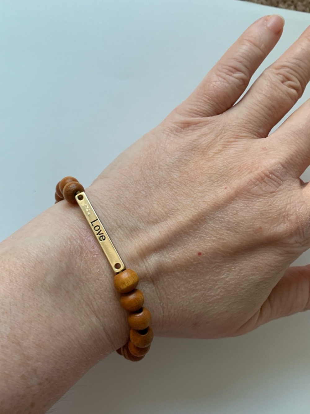 Wood Bead Bracelet with Gold 'Love' Bar - Brown PRICE DROP – SHIPS TOMORROW